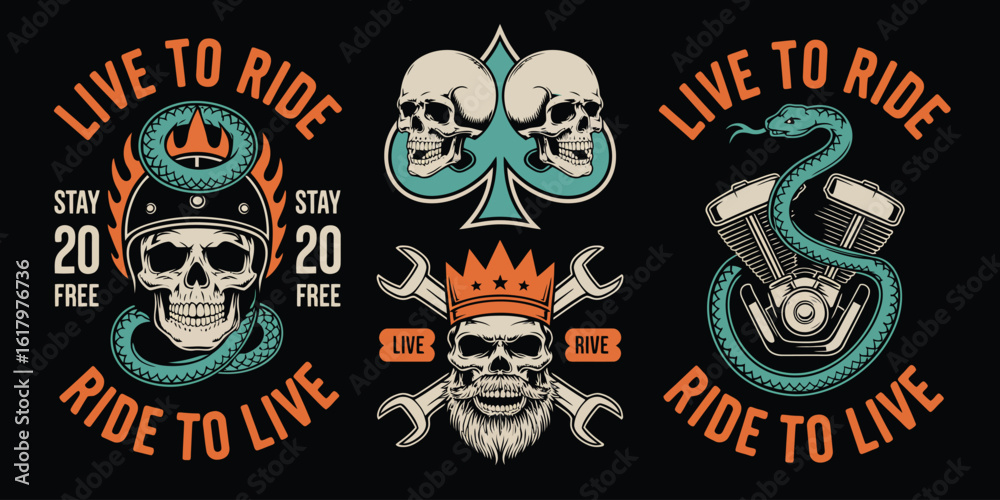 Fototapeta premium Biker Patch Vector Set – Emblem Designs for Jackets, Logos, Apparel, Badges, Motorcycle Club Symbols, Vintage Style, Isolated on Dark Background, Editable Vector Art