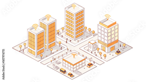 Isometric city illustration featuring buildings with wifi signals and cars on the streets with people walking