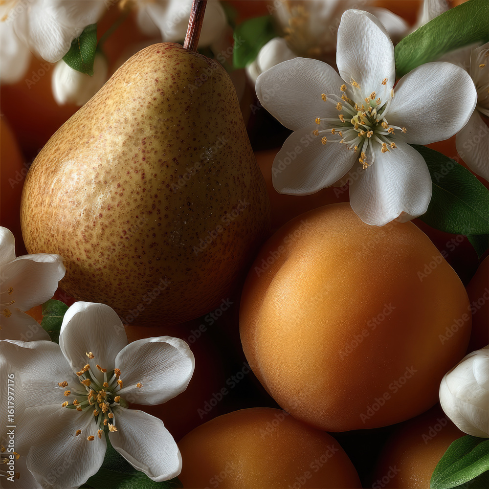Obraz premium Pear apricot jasmine flower green leaf fresh fruit natural closeup spring healthy organic vibrant