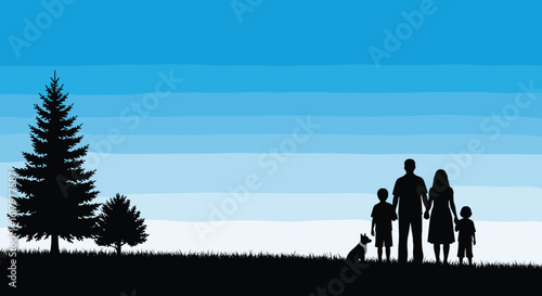 Silhouette family walking with dog in nature landscape, blue sky background, peaceful outdoor scene, unity, trees, happiness, evening light