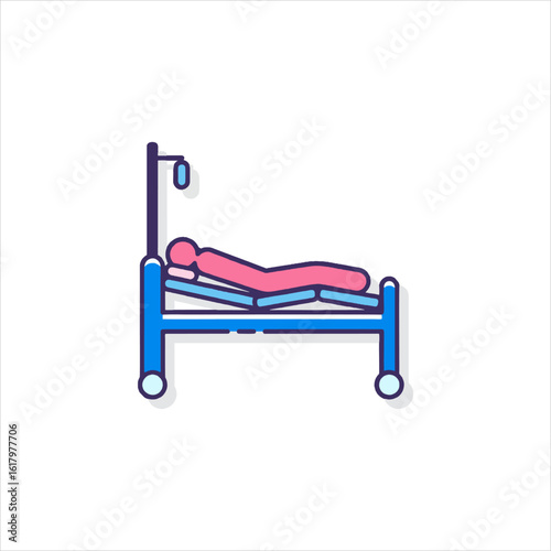 Patient lies in hospital bed connected to IV drip, receiving treatment in sterile environment, conveying sickness and medical care.