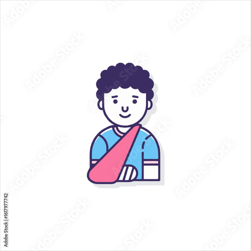 Boy with broken arm wearing sling smiles hopefully while recovering from injury at home. in a professional setting with great clarity.