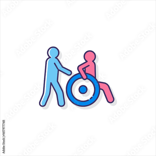 Caregiver assisting disabled person in wheelchair on white background, showing compassion and support in a simple, colorful style.