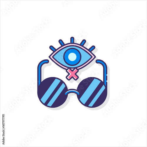 Eye wearing sunglasses with a crossed out mouth floating above it representing censorship of expression in a modern and symbolic way.