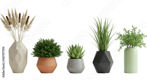 Various potted plants in vases and pots isolated on transparent background