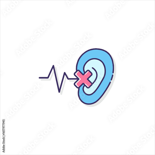 Ear with a crossed out symbol representing hearing loss or deafness, indicating a communication barrier or disability, presented in a simple, modern style.