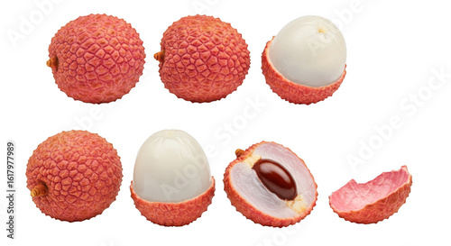 Arrangement of fresh lychees, some peeled, isolated on transparent background