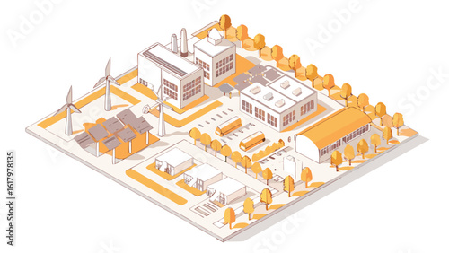 Isometric view of a sustainable industrial park featuring wind turbines solar panels and various buildings and trees