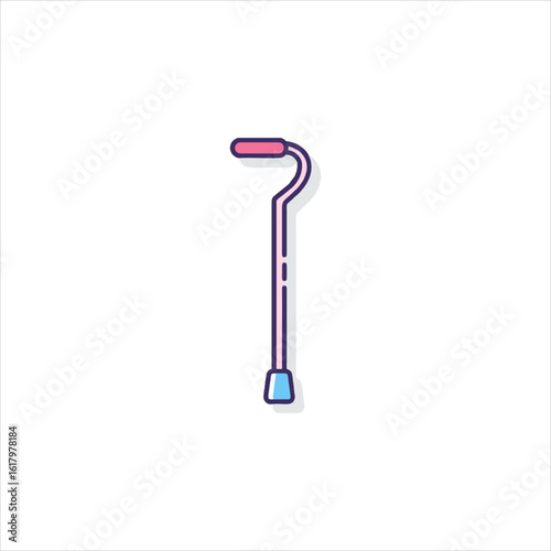 Simple walking cane stands upright against a white backdrop, representing mobility assistance and accessibility for seniors or individuals with disabilities.