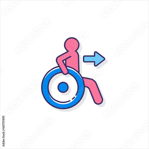 Pink figure in wheelchair moves to the right indicating accessibility and inclusion for people with disabilities, promoting awareness and support.