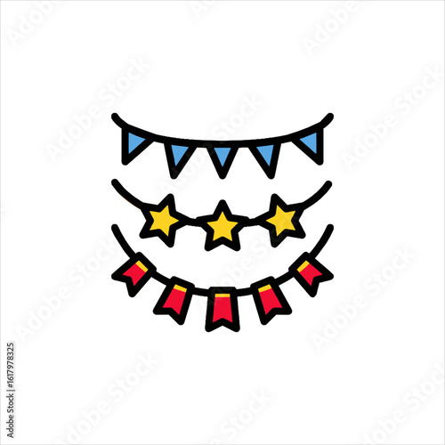 Colorful bunting hangs cheerfully against a white backdrop, creating a festive and celebratory atmosphere for parties and special events.