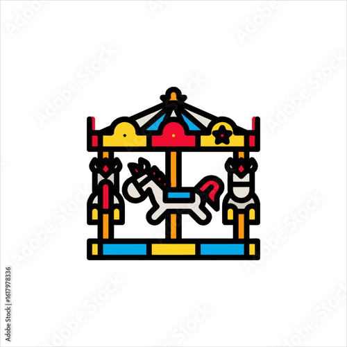 Colorful carousel with horse spins merrily at amusement park, bringing joy and excitement to children on a bright, sunny afternoon.