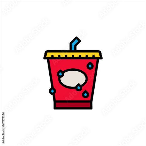 Red soda cup with straw sits isolated on white, refreshing and simple, perfect for a quick thirst quencher.