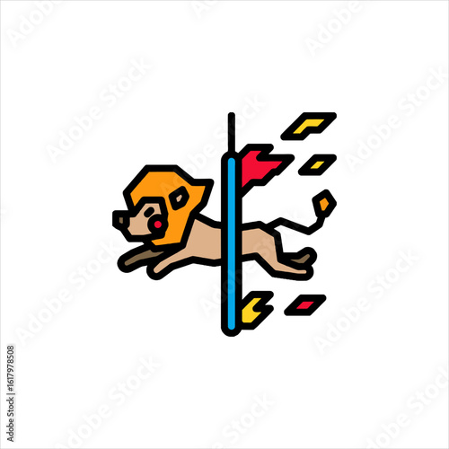 Cartoon lion jumps through flaming hoop at circus performance with vibrant colors and playful energy.