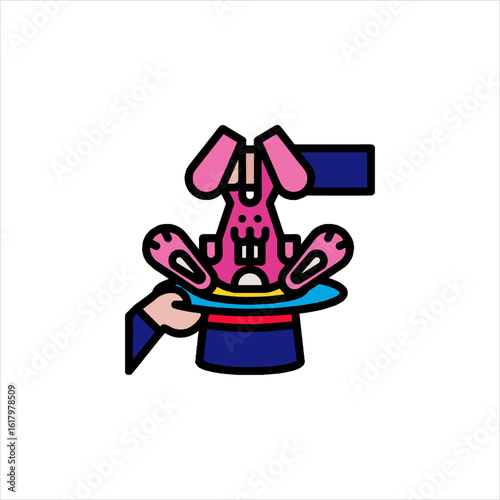 Pink rabbit appears from magician's hat during a magic show, creating a sense of wonder and amusement for the audience.
