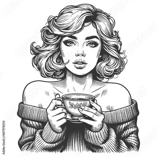 glamorous woman enjoying a cup of coffee while wearing a cozy off-shoulder sweater sketch engraving generative ai fictional character vector illustration. Scratch board imitation. Black and white.