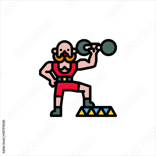 Strongman lifting dumbbell on stage showing off his strength and physique in a vintage circus performance, displaying power and entertainment.