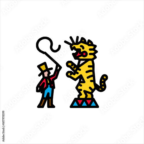 Circus ringmaster taming a tiger on a pedestal with a whip under the big top, showcasing a classic performance with vibrant colors and playful energy.