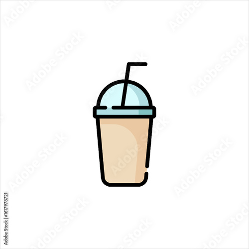 Beige smoothie in plastic cup with straw sits on white surface, creating a simple and refreshing aesthetic.