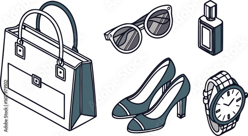 Isometric 3D female Fashion Icons Luxury Accessories Vector Set on White Background.