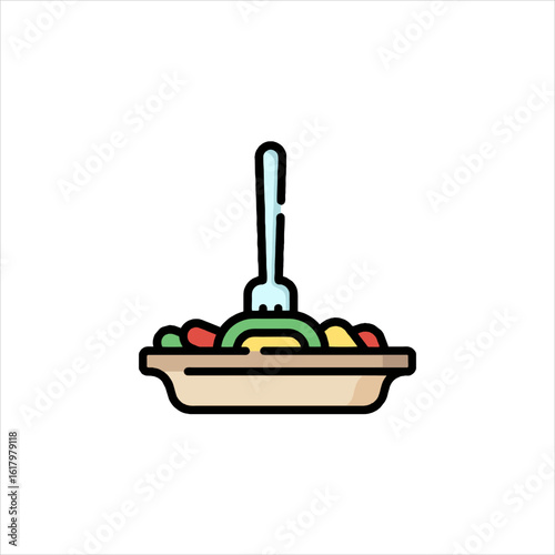 Colorful pasta salad with fork sits in beige container, ready to be eaten for lunch, showcasing a healthy and convenient meal option.