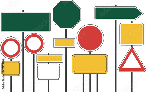 Collection of various blank traffic and directional road signs on poles