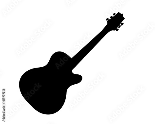 Silhouette of an acoustic guitar with strings and tuning pegs clearly displayed