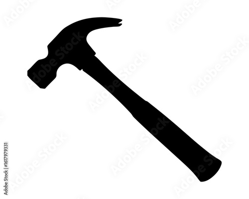 Black silhouette of a claw hammer on a white background diagonally