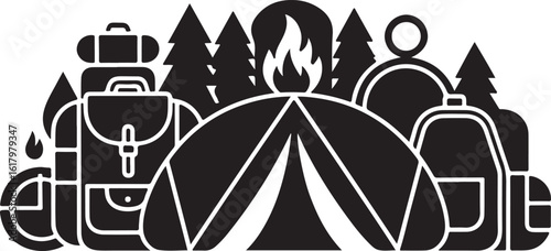 Camping scene with tent backpacks and campfire forest