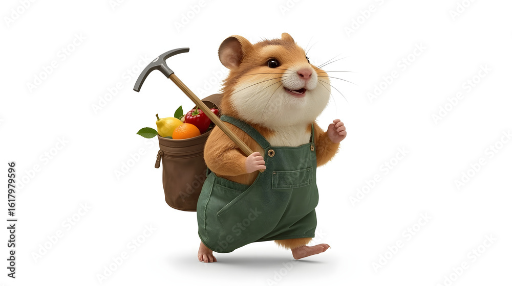 Fototapeta premium Cute Hamster Farmer with Backpack and Gardening Tools