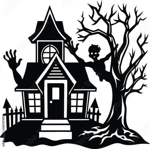 Halloween House Tree Zombie Silhouette Vector, businessman, cat, creepy, orange color