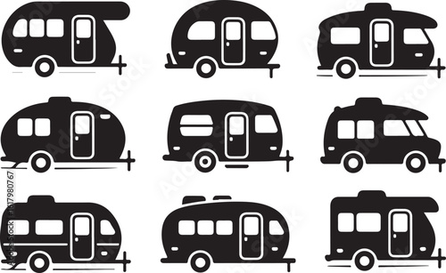 Collection of black and white caravan icons camper trailer