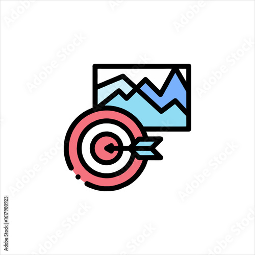 Arrow hits the bullseye in front of data chart symbolizing business goals and success in a modern minimalist style.