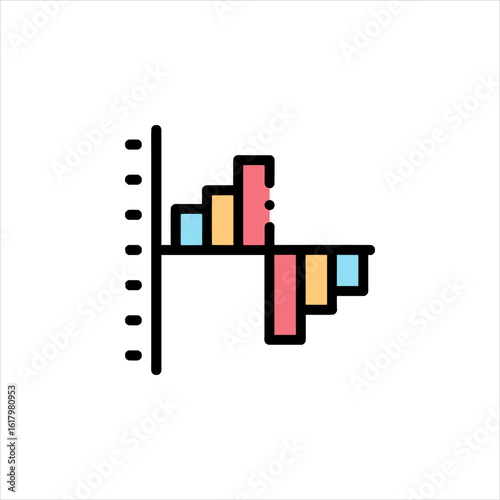 Colorful bar graph depicts financial data trending up and down against a white canvas, showcasing market volatility and economic analysis with a modern aesthetic.