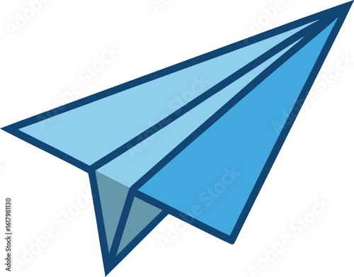 A blue paper airplane in flight, isolated on white background
