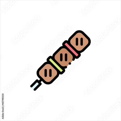 Delicious kebab skewer displays grilled meat pieces on white surface, showcasing culinary art and inviting appetite appeal.