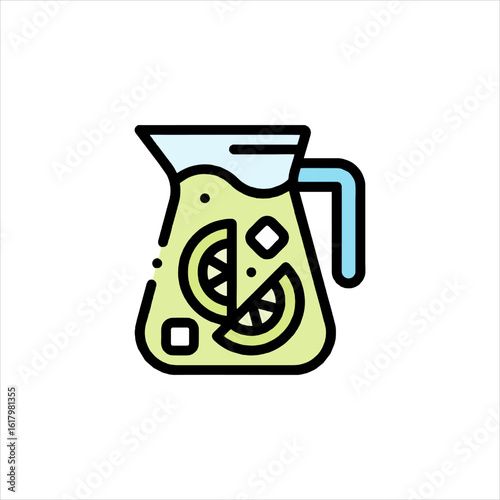 Refreshing pitcher of lemonade sits on a table with lemon slices and ice cubes, offering a cool and summery vibe.