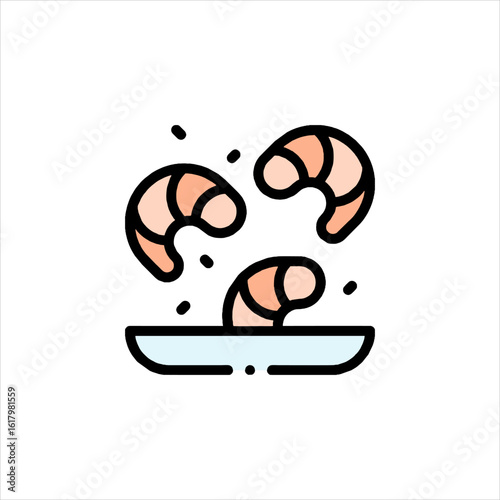 Three cooked shrimps sit on a small blue plate, ready to be eaten as a delicious appetizer, creating a simple and appetizing scene.