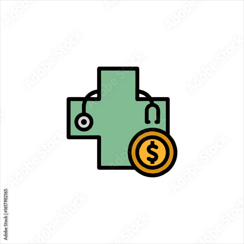 Medical cross with stethoscope and dollar coin represents healthcare costs and financial burden in modern medicine.