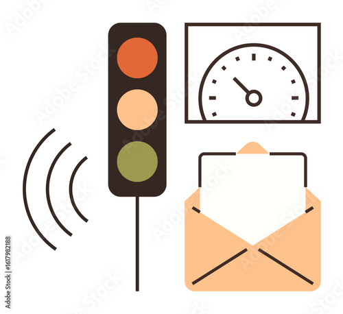 Traffic light with signals, radar waves, speedometer, and envelope illustrating monitoring, speed control, communication, automation, data transfer regulation and safety. Ideal for apps automation