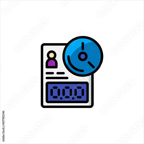 Employee badge displays time tracking information in modern office environment, showcasing attendance and productivity with a clean and efficient aesthetic.