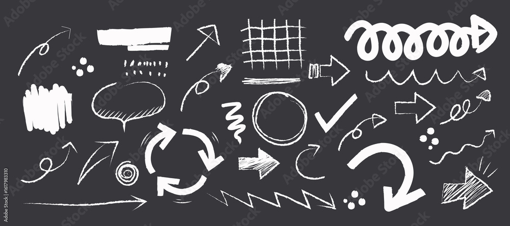 Cartoon horizontal black background featuring white pencil-style doodles arrows, grids, circles, and lines. Design elements for presentations, education and creative design Cartoon horizontal black background featuring white pencil-style doodles arrows, grids, circles, and lines. Design elements for presentations, education and creative design