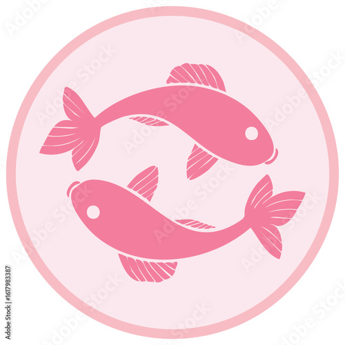 Two pink fish forming a circle emblem, zodiacal symbol, Pisces sign flat design, graphic design, minimalist, vector illustration