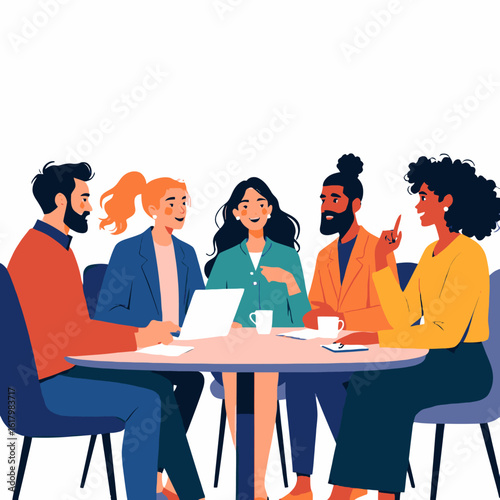 Five diverse people sit around a table with a laptop and drinks, engaging in discussion and reflecting collaboration and an inclusive workplace culture