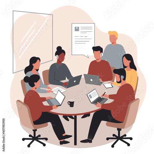 Group of people working at a round table with laptops and a coffee cup, representing collaboration, productivity, and a positive work culture in a modern, inclusive office environment