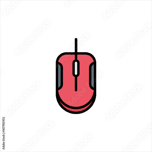 Red computer mouse clicking on white surface, symbolizing digital interaction and technological advancement in a minimalist style.