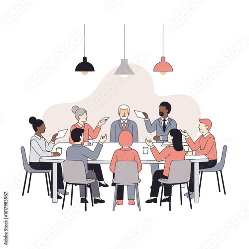 Showcasing a positive work environment, meeting scene with diverse professionals seated around a table engaged in discussion under hanging lights, highlighting teamwork and collaboration