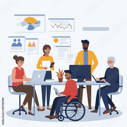 Office scene with a group collaborating around a table, graphs displayed, and one person seated in a wheelchair�showcasing teamwork, diversity, and an inclusive workplace culture