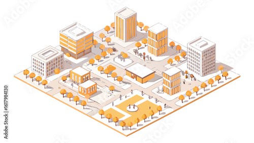 Isometric view of a city block with buildings trees roads and people in a stylized low poly aesthetic style