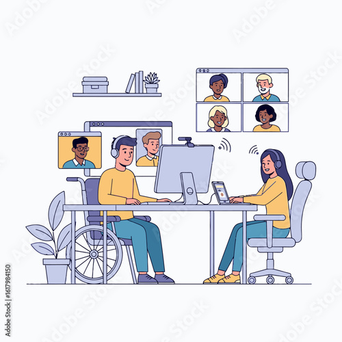 Inclusive workplace culture, two people video conferencing, including one with a disability, using computers and headphones with diverse participants shown on screens, promoting accessibility and team